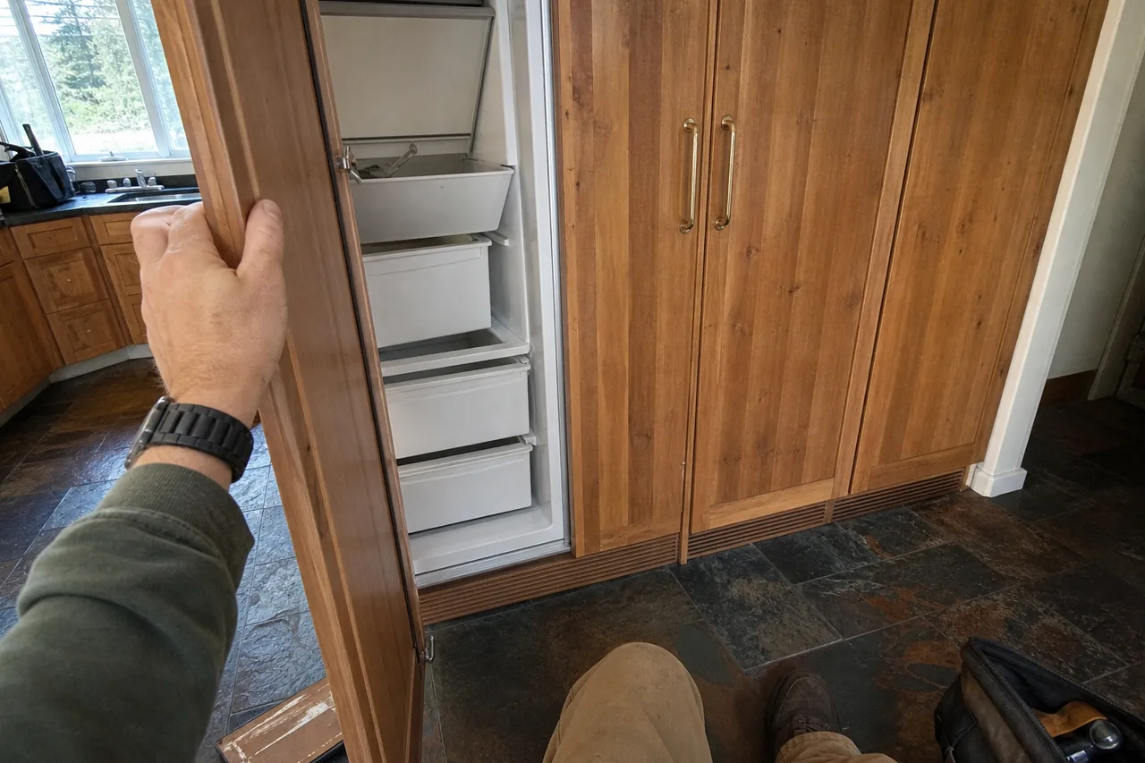 A hand holds open a wood-paneled freezer column showing four white pull-out drawers and an ice bin with a scoop, beside a closed two-door panel column on a slate tile floor.