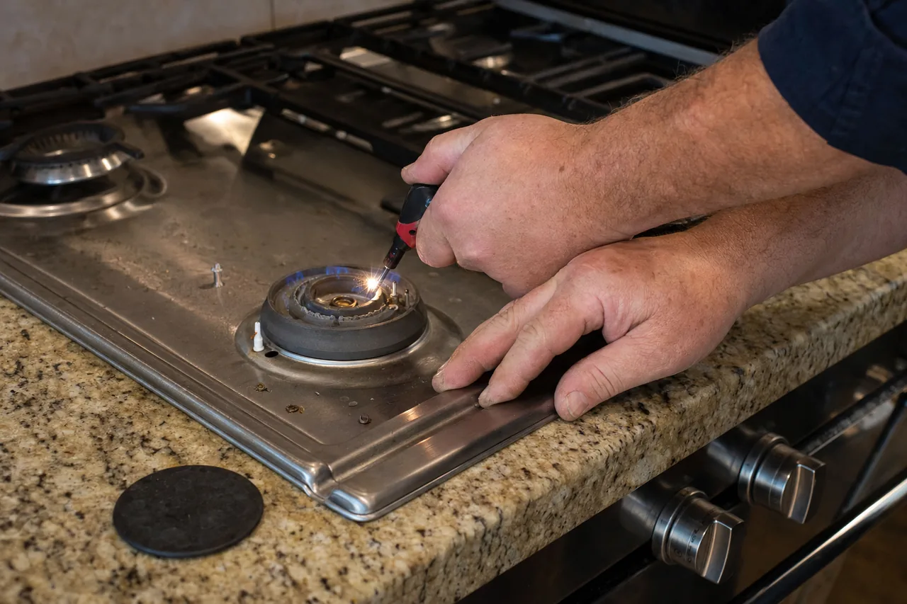 A technician hands adjusting the igniter of a stainless gas cooktop set into a stone worktop, one burner cap lifted off beside it.