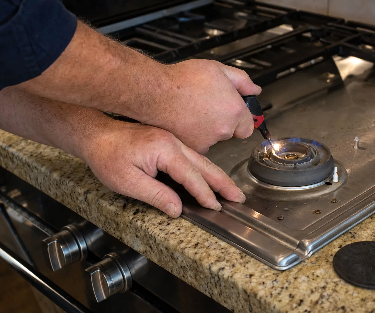 Left-hand crop of the same cooktop repair: burner ports, the removed cap on the stone surface and a worn hand at the control collar.