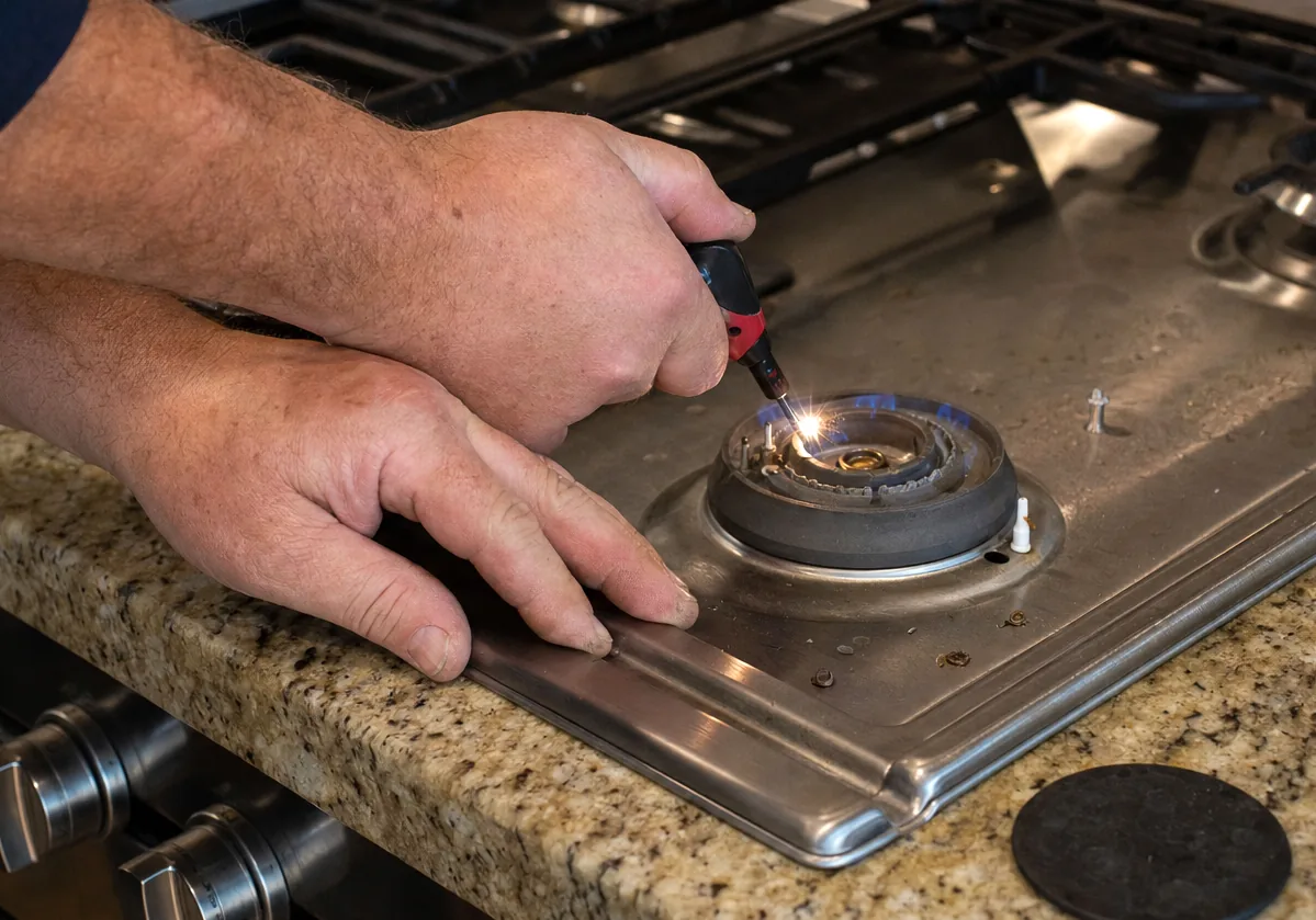 Centre crop of a gas cooktop mid-service, burner cap set aside on the stone worktop, low blue flame at the adjacent ring.