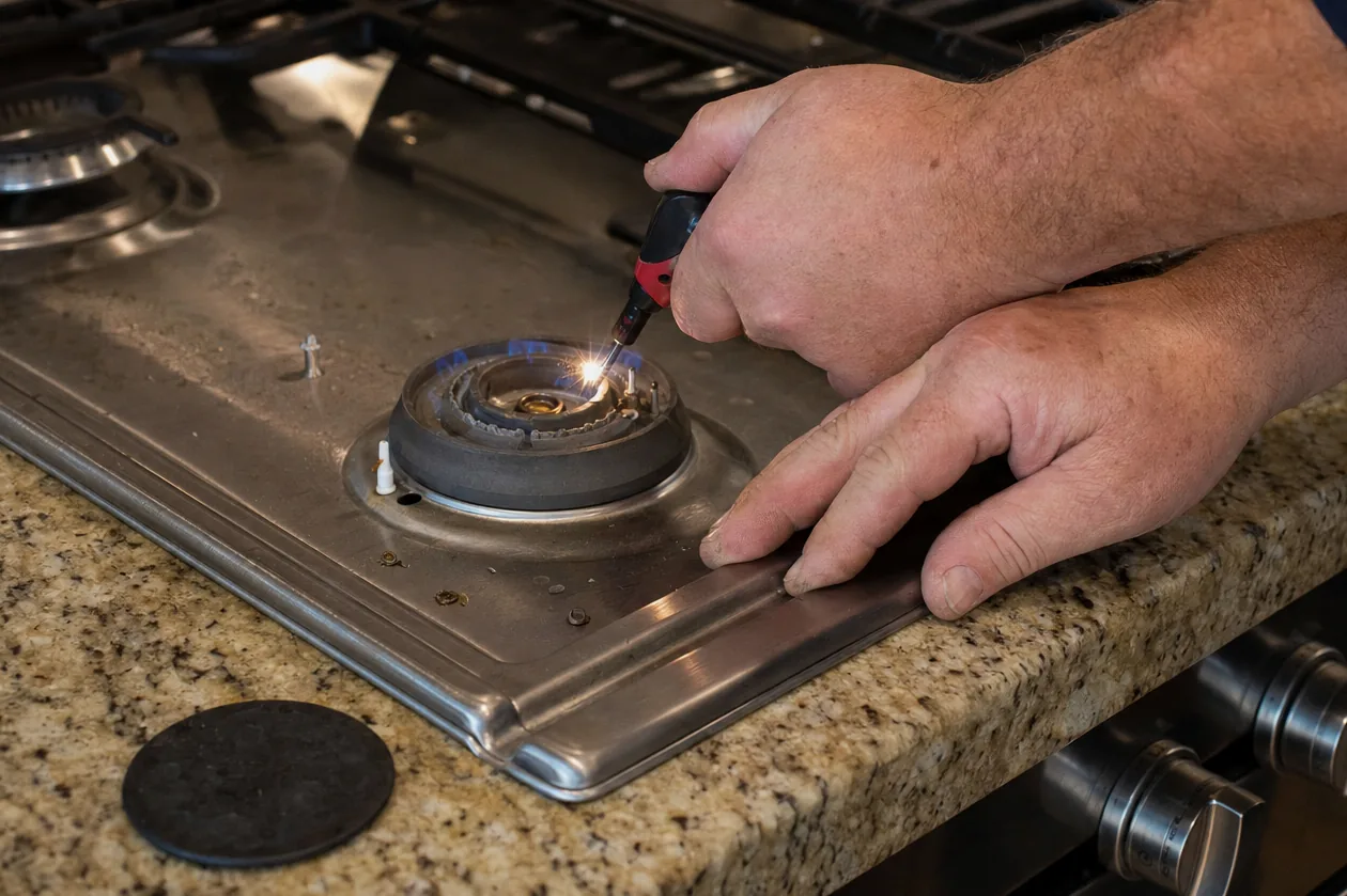 Off-centre mirrored crop of the cooktop job: the lifted burner cap, the electrode, and the stone edge where the unit meets the counter.