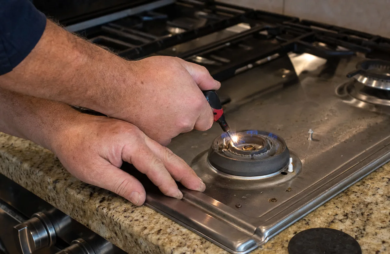 Upper band of the cooktop repair frame: stainless burner grates, the removed cap, and hands working at the ignition collar.