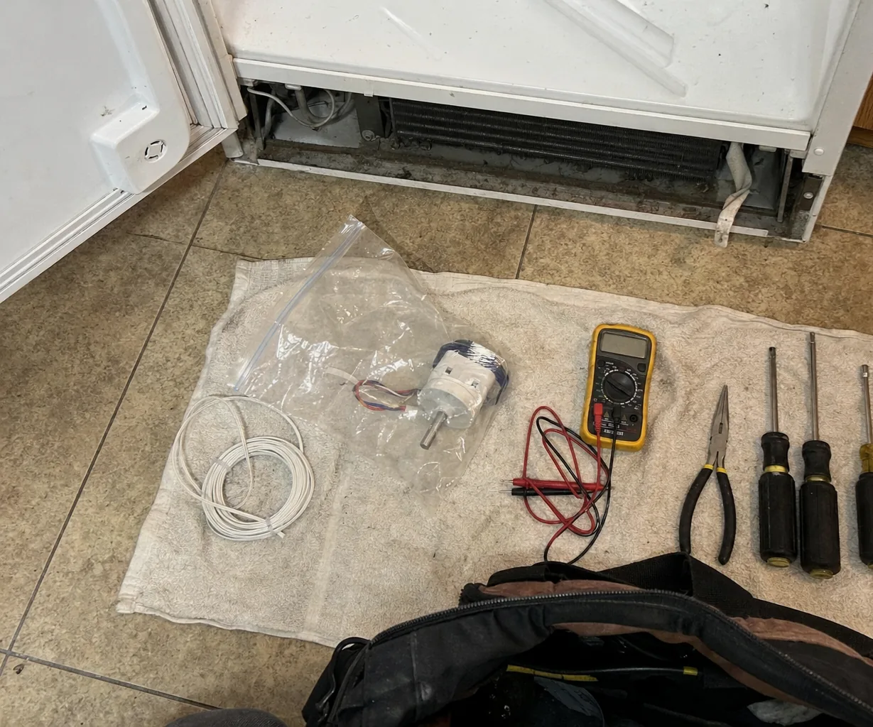 Mirrored right-hand crop of the tool lay-out on its towel, with the open appliance and kitchen floor behind.