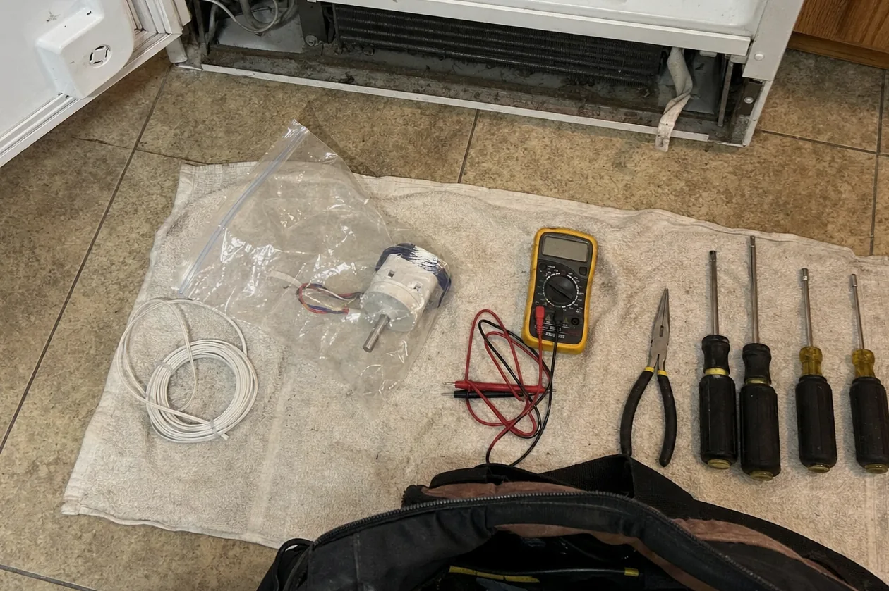 Off-centre mirrored crop of the tool flat-lay, drivers, pliers and part bag against the kitchen floor.