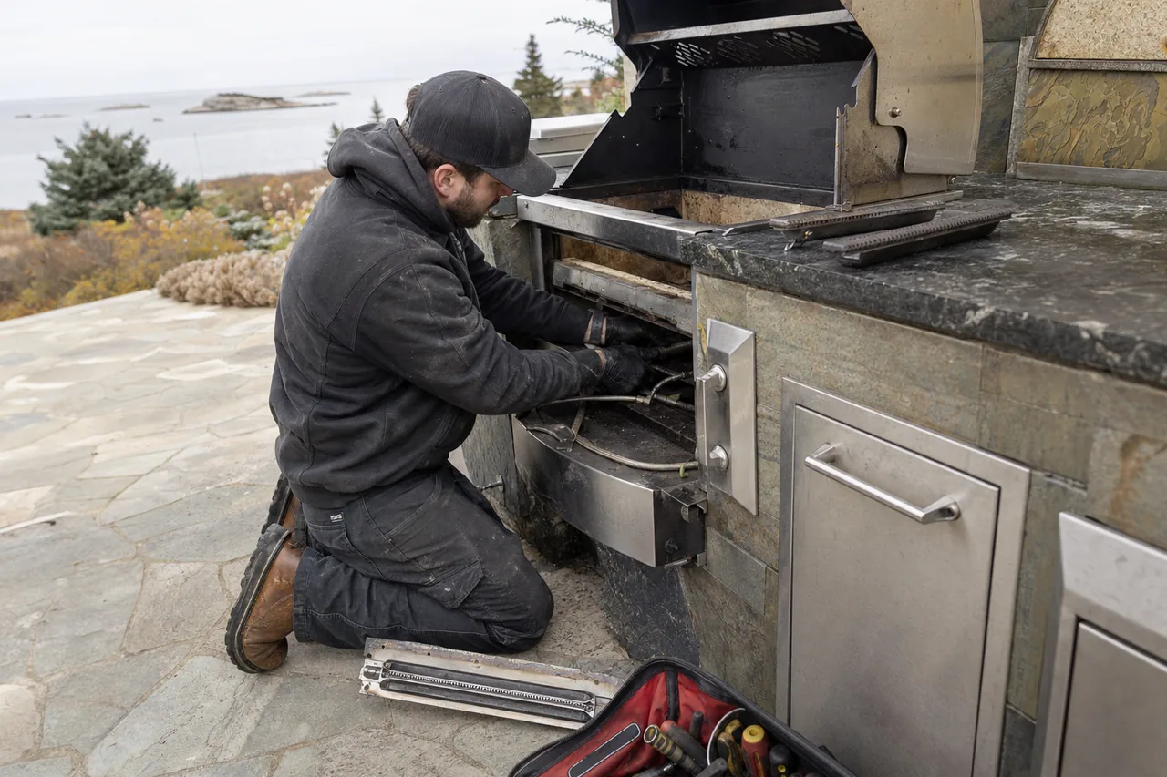 A technician working on a built-in stainless outdoor gas grill on a stone patio, one burner lifted out and the gas valve exposed.