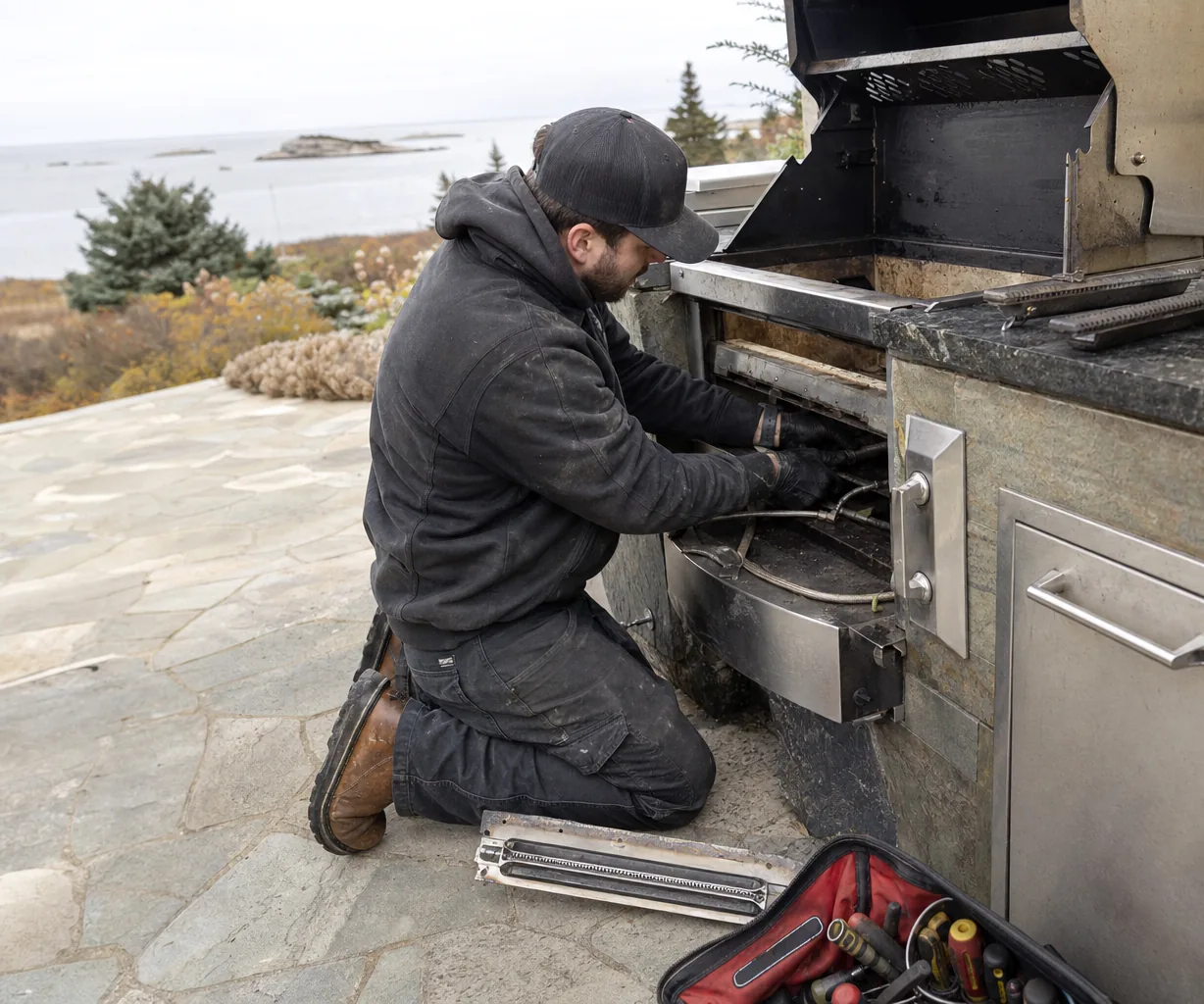 Left crop of the patio grill service: pitted stainless, the open burner well and a hand at the gas valve.