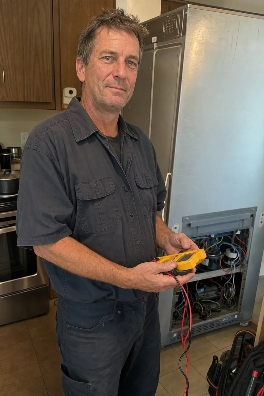 The same technician photographed from the other side of the kitchen, meter still in hand, no branded uniform and no van livery in frame.