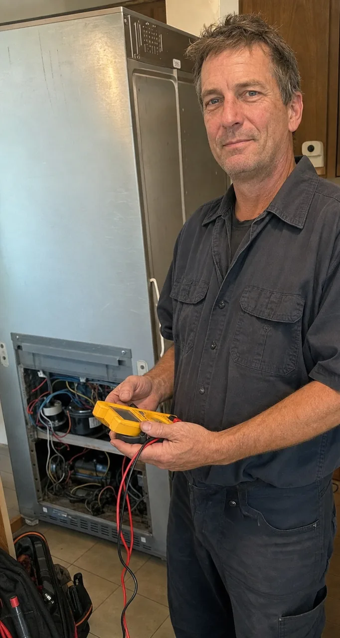 Close crop of a technician holding a digital multimeter at chest height in a domestic kitchen, test leads hanging loose.