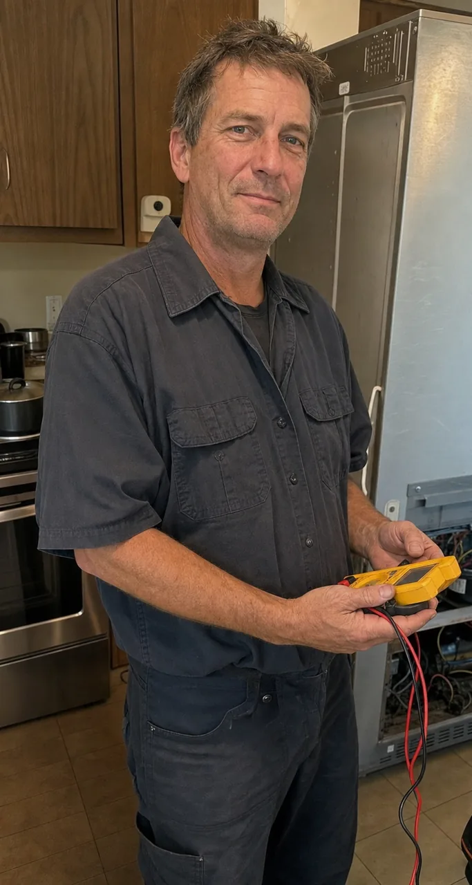 A technician in a client kitchen, half-smiling, multimeter down at his side at the end of a job.