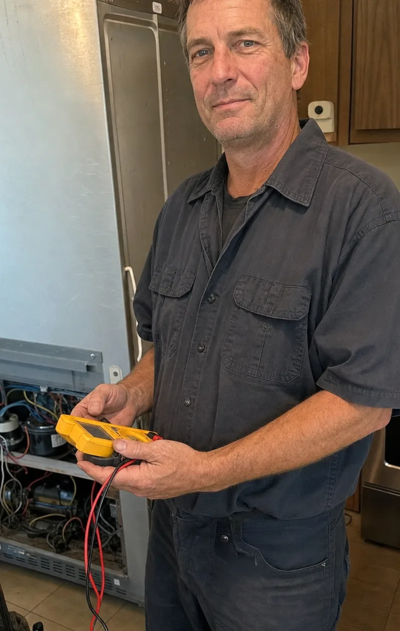 Tighter frame of the technician standing between a run of cabinets and a kitchen island, meter in hand, daylight from the window behind.