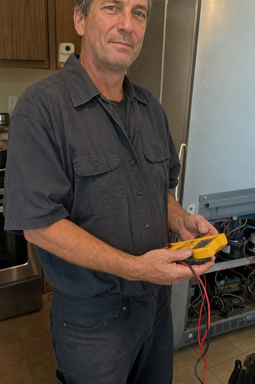 A technician standing at rest in a client kitchen holding a multimeter, taken on a phone in available light.
