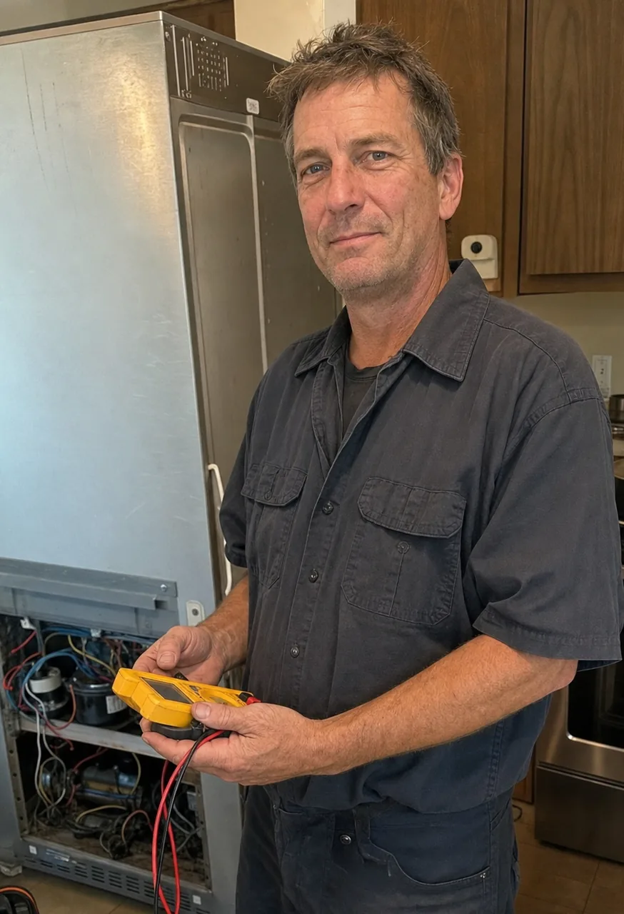 Wider portrait of the technician in the kitchen with the meter, cabinet fronts and a worktop edge visible either side.